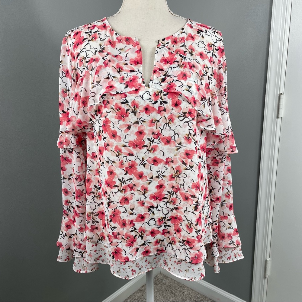 WHBM || Floral Ruffle Chiffon Blouse Size 8